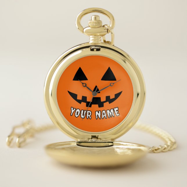 Personalized Orange Pumpkin Halloween Your Name Pocket Watch (Inside)