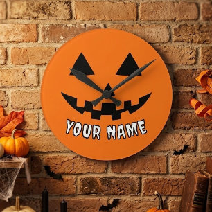 Personalized Orange Pumpkin Halloween Your Name Round Clock
