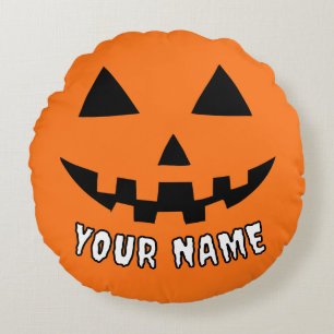 Personalized Orange Pumpkin Halloween Your Name Round Pillow