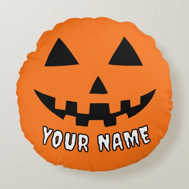 Personalized Orange Pumpkin Halloween Your Name Round Pillow (Front)
