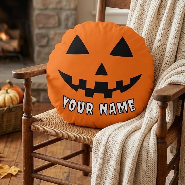 Personalized Orange Pumpkin Halloween Your Name Round Pillow (Creator Uploaded)
