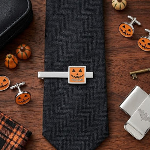 Personalized Orange Pumpkin Halloween Your Name Silver Finish Tie Bar