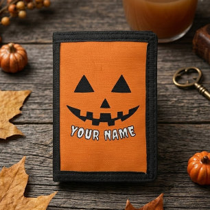 Personalized Orange Pumpkin Halloween Your Name Trifold Wallet