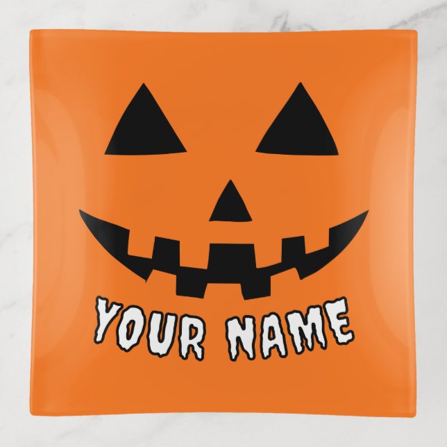 Personalized Orange Pumpkin Halloween Your Name Trinket Tray (Front)