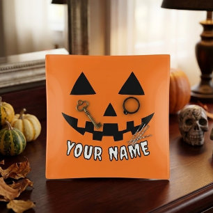 Personalized Orange Pumpkin Halloween Your Name Trinket Tray