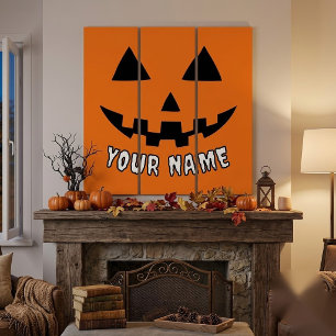 Personalized Orange Pumpkin Halloween Your Name Triptych
