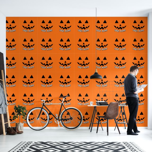 Personalized Orange Pumpkin Halloween Your Name Wallpaper (Living Room)