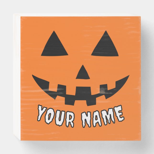 Personalized Orange Pumpkin Halloween Your Name Wooden Box Sign (Front Horizontal)