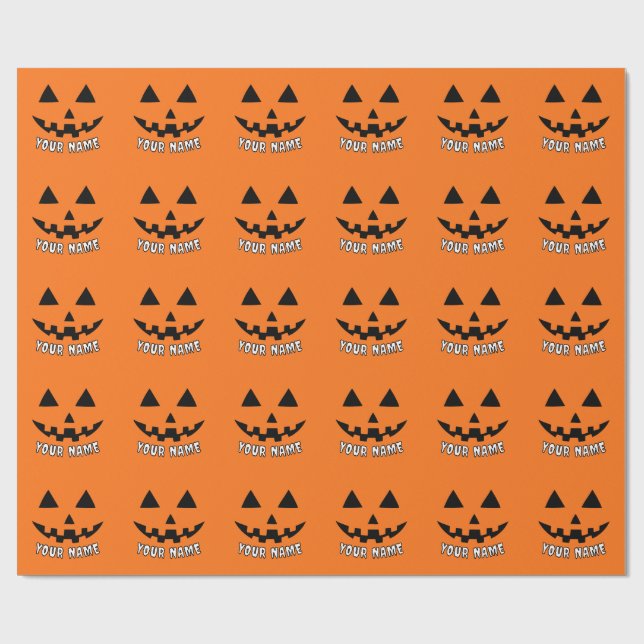 Personalized Orange Pumpkin Halloween Your Name Wrapping Paper (Flat)
