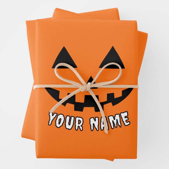 Personalized Orange Pumpkin Halloween Your Name Wrapping Paper Sheets (In situ)