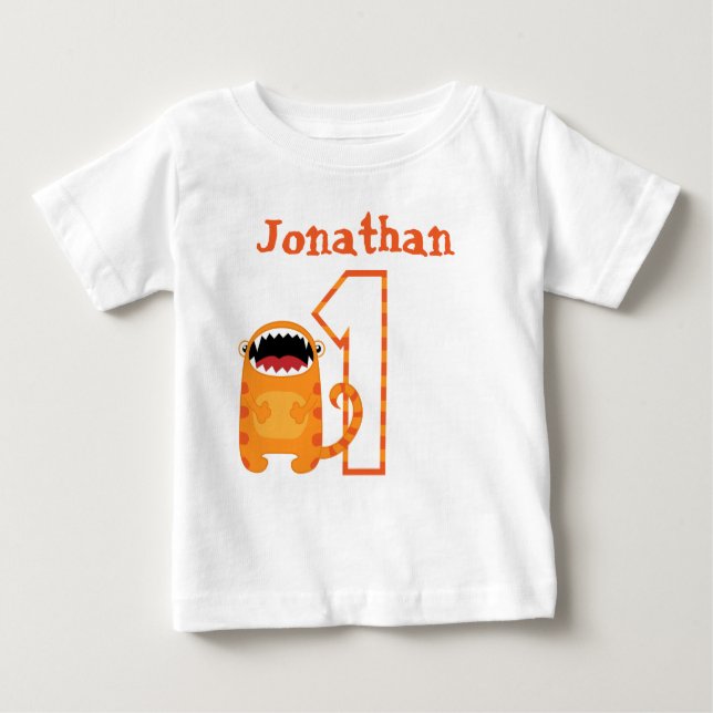 Personalized Orange Red Monster First Birthday Baby T-Shirt (Front)