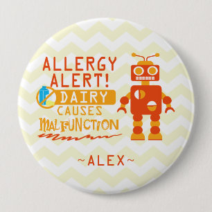 Personalized Orange Robot Dairy Allergy Alert Pin