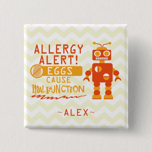 Personalized Orange Robot Egg Allergy Alert Button (Front)