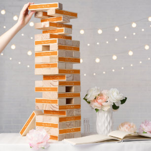Personalized Orange Script Wedding Game Topple Tower