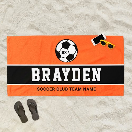 Personalized Orange Soccer Player Name Beach Towel