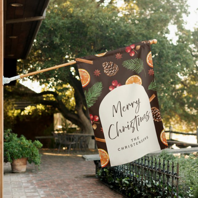 Personalized Orange Spice Botanical Christmas House Flag (In SItu)