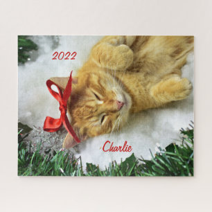 Personalized Orange Tabby Cat Christmas Jigsaw Puzzle