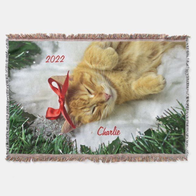 Personalized Orange Tabby Cat Christmas Throw Blanket (Front)