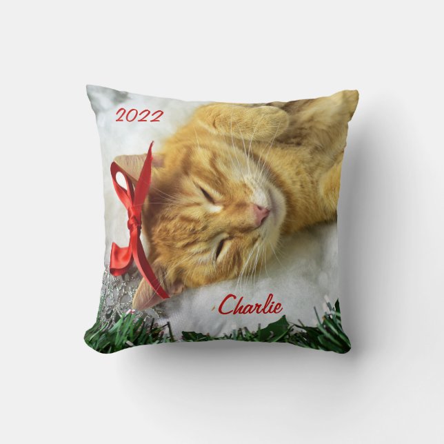 Personalized Orange Tabby Cat Christmas Throw Pillow (Front)
