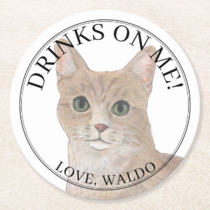 Personalized Orange Tabby Cat Wedding Round Paper Coaster