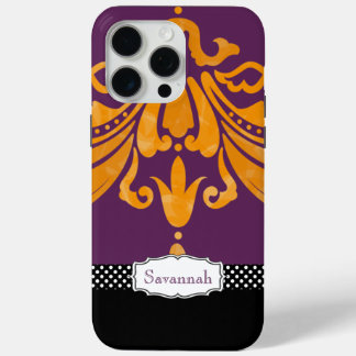 Personalized Orange Tangerine Eggplant Damask iPhone 15 Pro Max Case