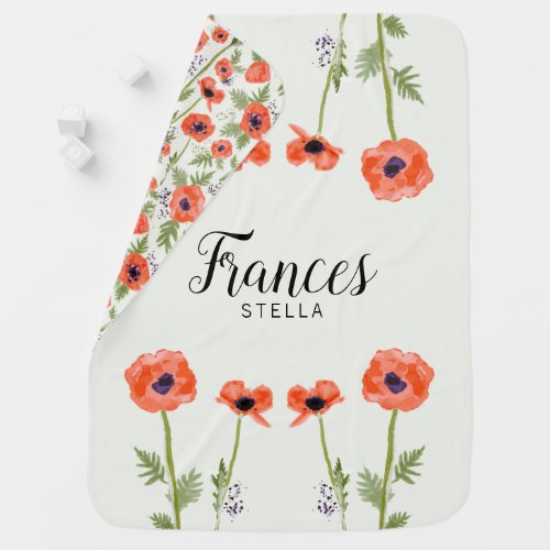 Personalized Orange Watercolor Poppies Floral Baby Blanket