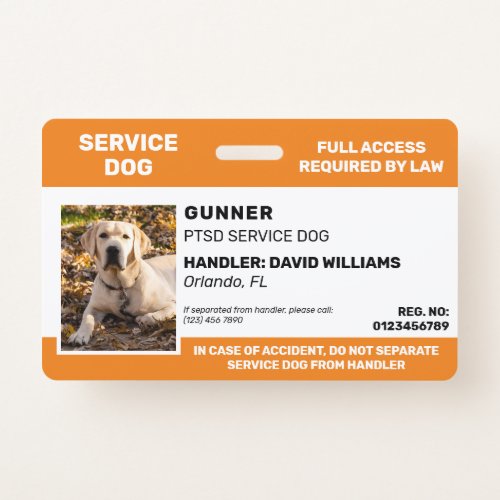 Personalized Orange White Service Dog Photo Badge