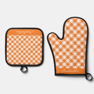 Personalized Orange White Tartan Plaid Oven Mitt & Pot Holder Set