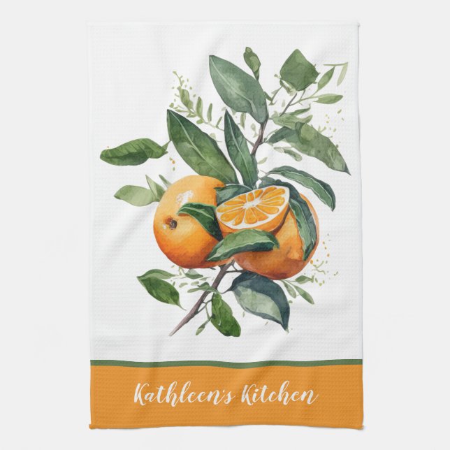 Personalized Oranges Fruit Greenery Kitchen Towel (Vertical)