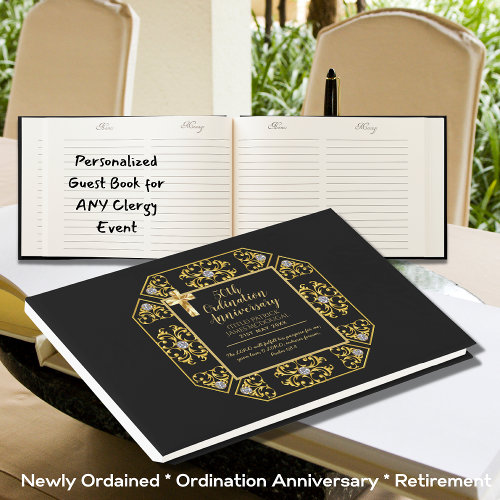 Personalized Ordination Anniversary Black Gold Guest Book