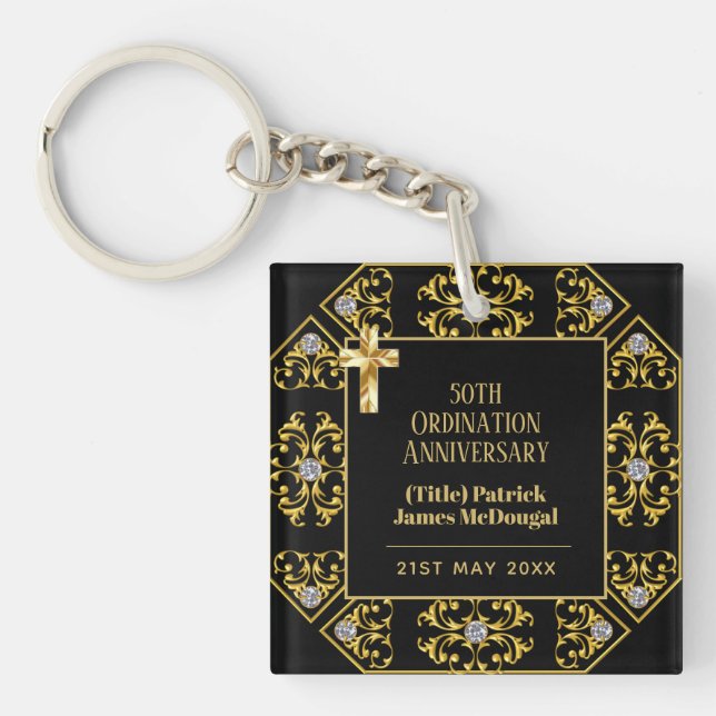  Personalized Ordination Anniversary Black Gold Keychain (Front)