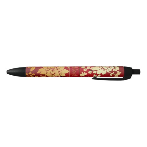 Personalized Oriental Golden Flowers on Red Black Ink Pen