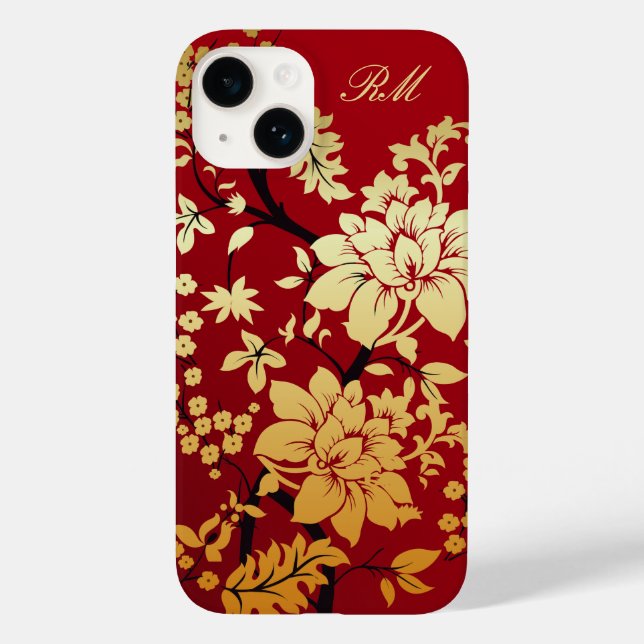 Personalized Oriental Golden Flowers on Red Case-Mate iPhone Case (Back)