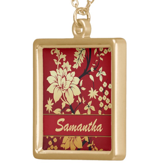Personalized Oriental Golden Flowers on Red Gold Plated Necklace (Front Right)