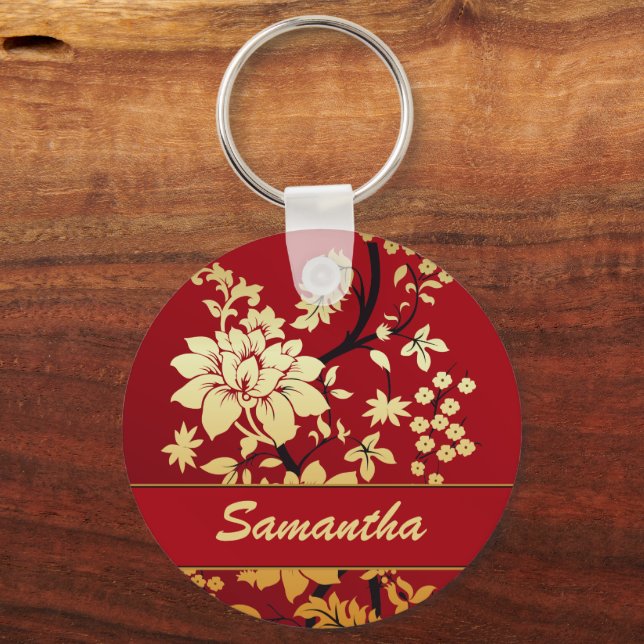 Personalized Oriental Golden Flowers on Red Keychain (Front)