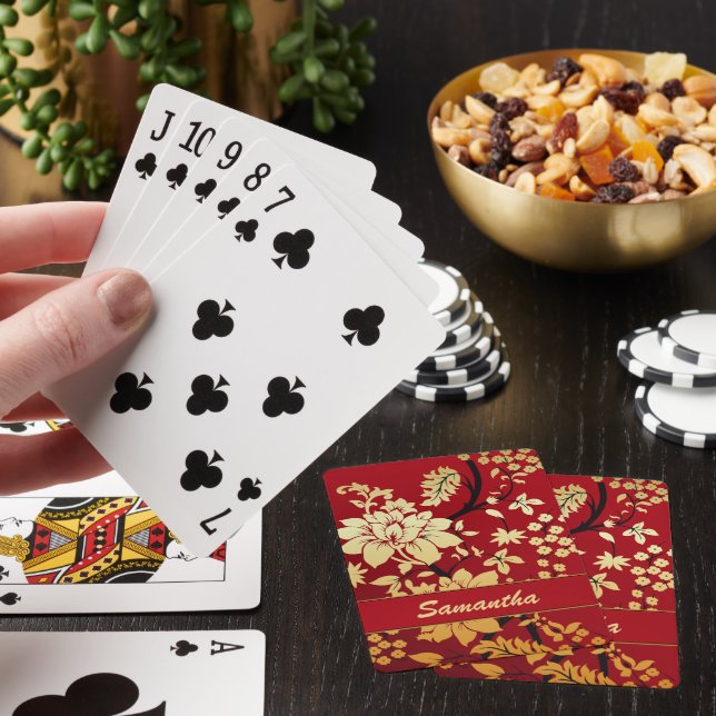 Personalized Oriental Golden Flowers on Red Poker Cards (In Situ)