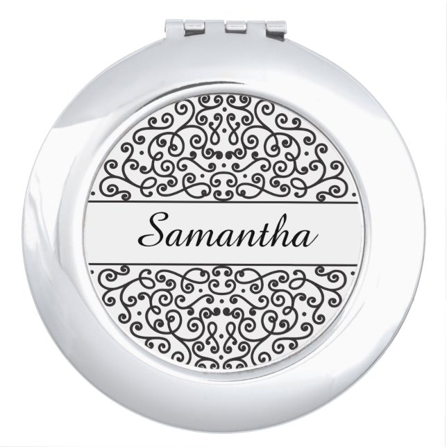 Personalized Ornate Black and White Bridesmaid Vanity Mirror (Front)