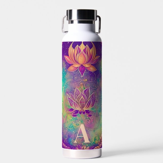 Personalized Ornate Colorful Lotus Flowers Water Bottle (Front)