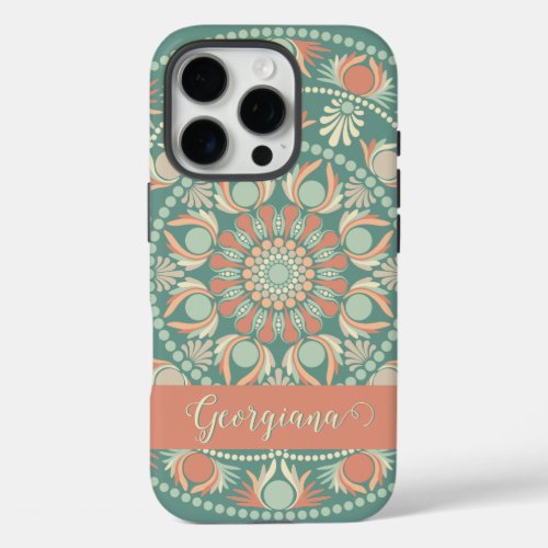 Personalized Ornate Retro Sage and Sand Mandala iPhone 16 Pro Case