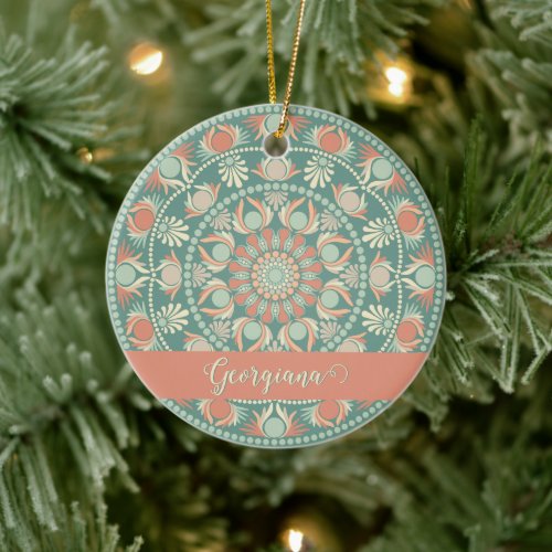 Personalized Ornate Retro Sage and Sand Mandala Ceramic Ornament