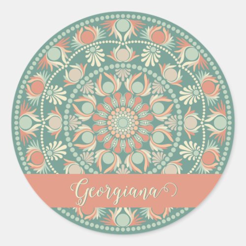 Personalized Ornate Retro Sage and Sand Mandala Classic Round Sticker