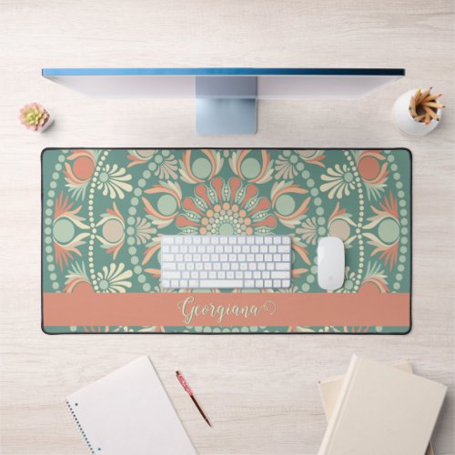 Personalized Ornate Retro Sage and Sand Mandala Desk Mat