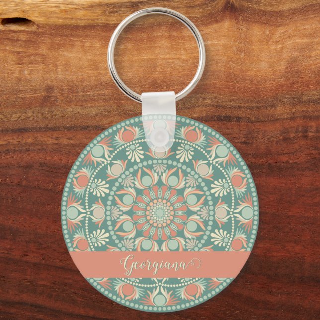 Personalized Ornate Retro Sage and Sand Mandala Keychain (Front)