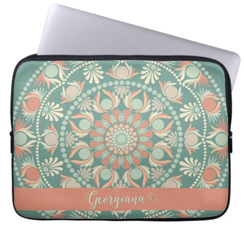Personalized Ornate Retro Sage and Sand Mandala Laptop Sleeve