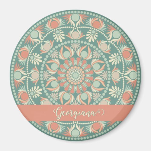 Personalized Ornate Retro Sage and Sand Mandala Magnet