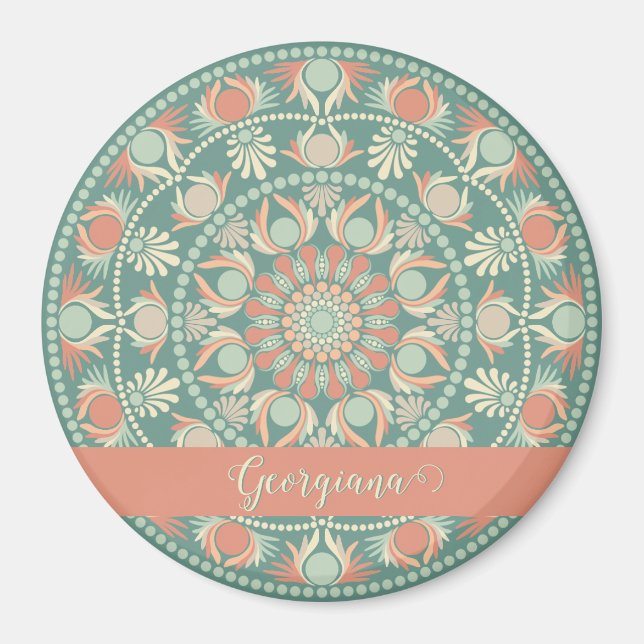Personalized Ornate Retro Sage and Sand Mandala Magnet (Front)