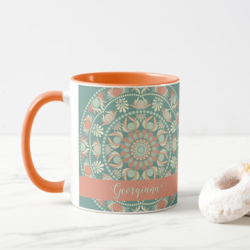 Personalized Ornate Retro Sage and Sand Mandala Mug