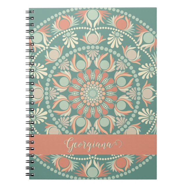 Personalized Ornate Retro Sage and Sand Mandala Notebook (Front)
