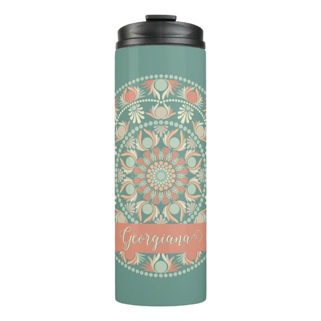 Personalized Ornate Retro Sage and Sand Mandala Thermal Tumbler (Front)