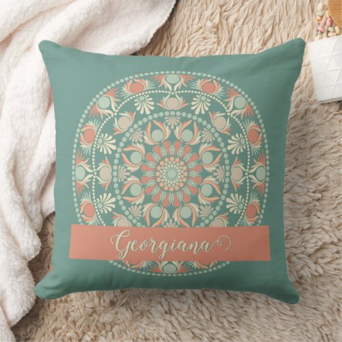 Personalized Ornate Retro Sage and Sand Mandala Throw Pillow
